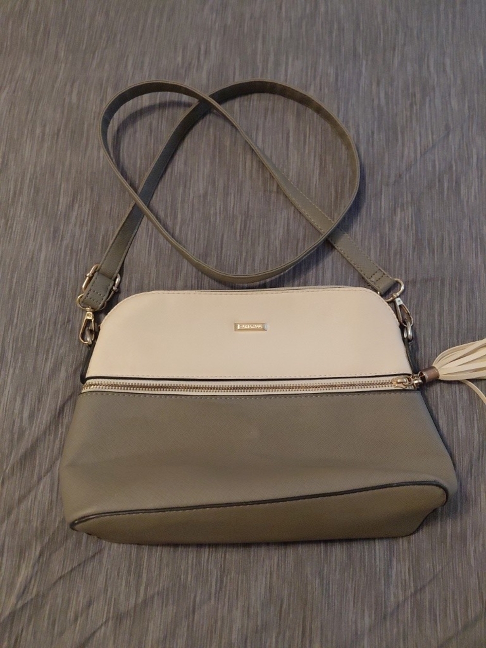 Two-Tone Shoulder Bag in Cream and Olive with Tassel